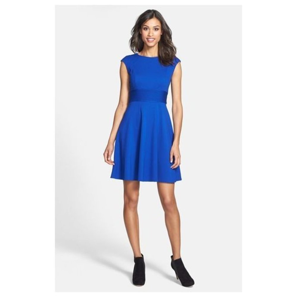 ELIZA J Pintucked Waist Seamed Ponte Knit Fit & Flare Dress Cobalt sz 10 NEW